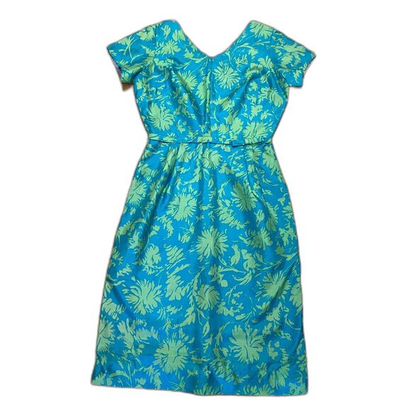 Vintage Handmade Blue & Green Floral Sheath Dress Medium Short Sleeves 1950s - Picture 1 of 8